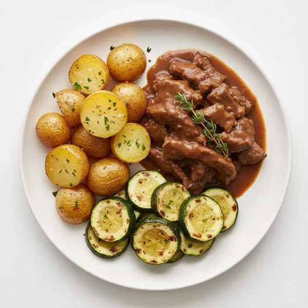 Classic Homestyle Beef with roasted baby potato and zucchini